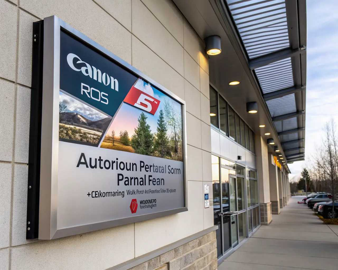 Aluminum outdoor sign panel mounted on a building exterior wall with vibrant printed graphics and company logo in natural daylight