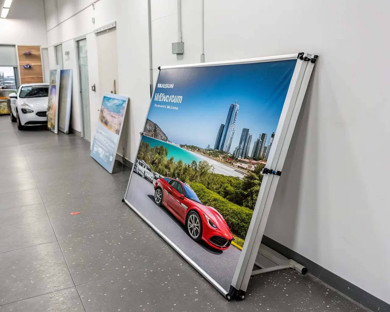 Dibond aluminum composite sign panel leaning against a white studio wall showing rigid premium flat surface with vibrant printed design