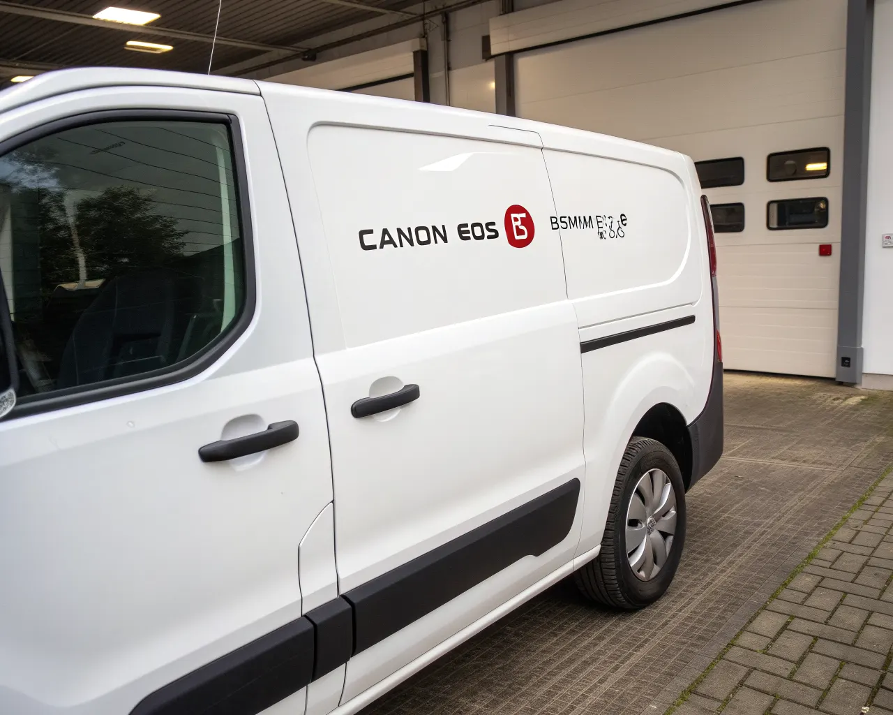 Magnetic vehicle sign on the side door of a white delivery van showing professionally printed company logo and contact information