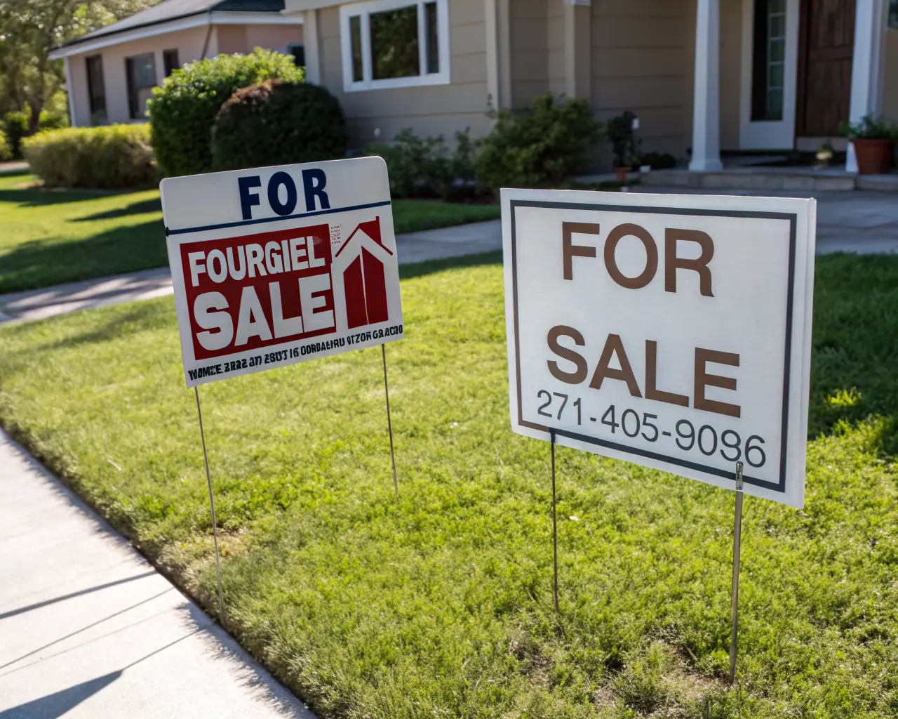 Corrugated plastic coroplast yard signs installed in green lawn with metal H-stakes showing real estate for sale signs in outdoor daylight
