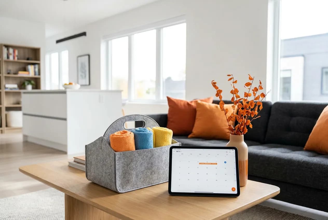 Spotless living room with a cleaning caddy and tablet showing a booking calendar, industry data for cleaning companys in Miami, FL and across the U.S.