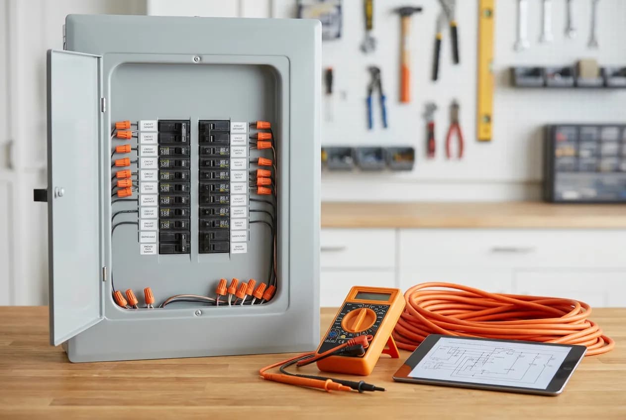 Residential electrical panel with labeled breakers and a multimeter for an electrician service call, industry data for electricians in Charlotte, NC and across the U.S.