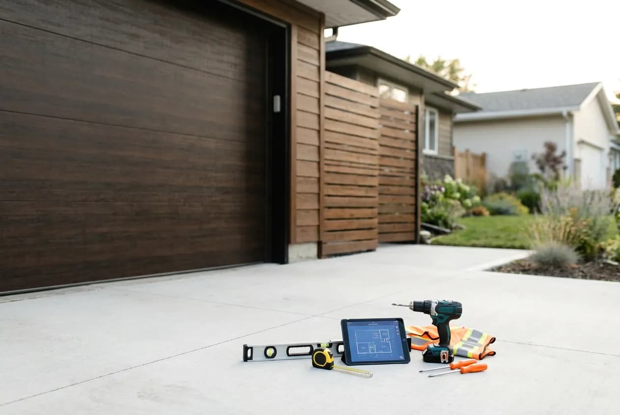 Modern garage door and wood fence on a suburban home with installation tools, industry data for home service companys in Columbus, OH and across the U.S.