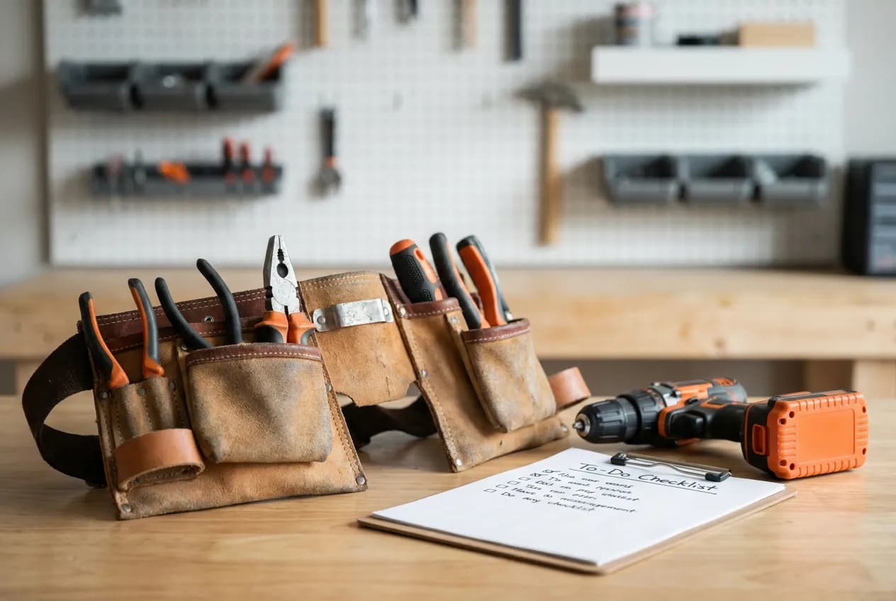 Handyman tool belt, drill and repair checklist on a home workbench, industry data for handymans in Columbus, OH and across the U.S.