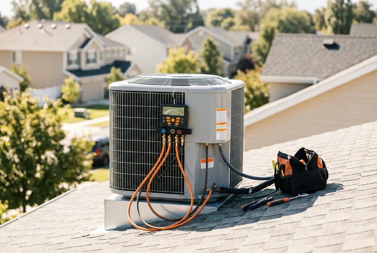 HVAC technician gauges on a rooftop air conditioning condenser unit, industry data for HVAC companys in Miami, FL and across the U.S.