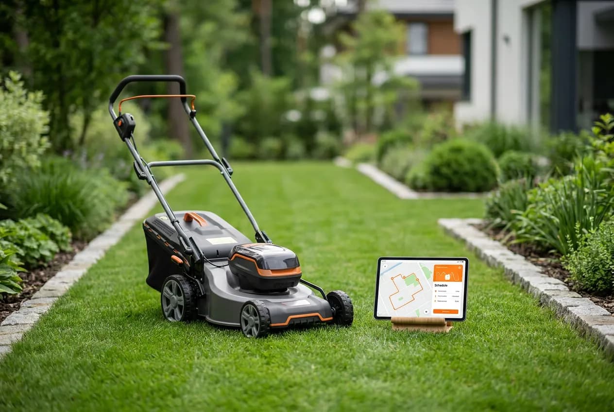 Manicured residential lawn and garden beds with a mower and route schedule on a tablet, industry data for landscapers in Dallas, TX and across the U.S.