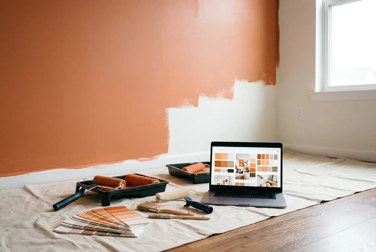 Painter rolling a fresh color on an interior wall with color swatches and drop cloth, industry data for painting contractors in Phoenix, AZ and across the U.S.