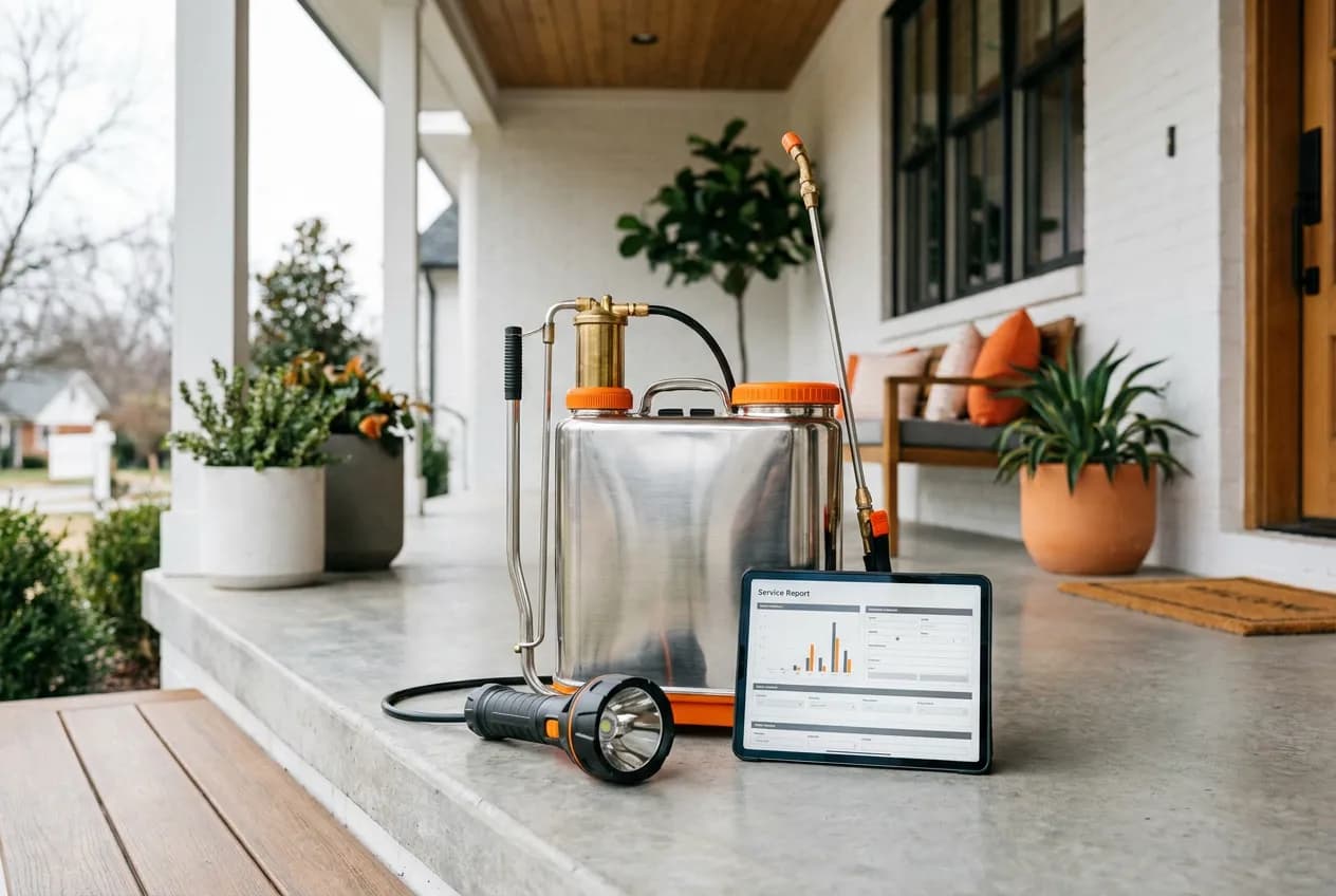 Pest control sprayer and inspection flashlight with a digital service report on a home porch, industry data for pest control companys in New Orleans, LA and across the U.S.