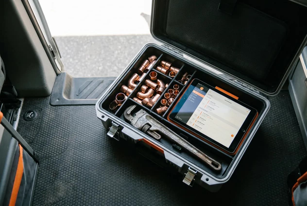 Plumber toolbox with copper fittings and a tablet showing the plumbing job schedule, industry data for plumbers in Philadelphia, PA and across the U.S.