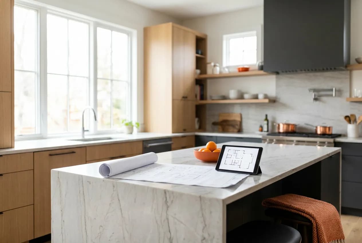 Newly remodeled modern kitchen with a blueprint and tablet on the island, industry data for remodeling contractors in Raleigh, NC and across the U.S.