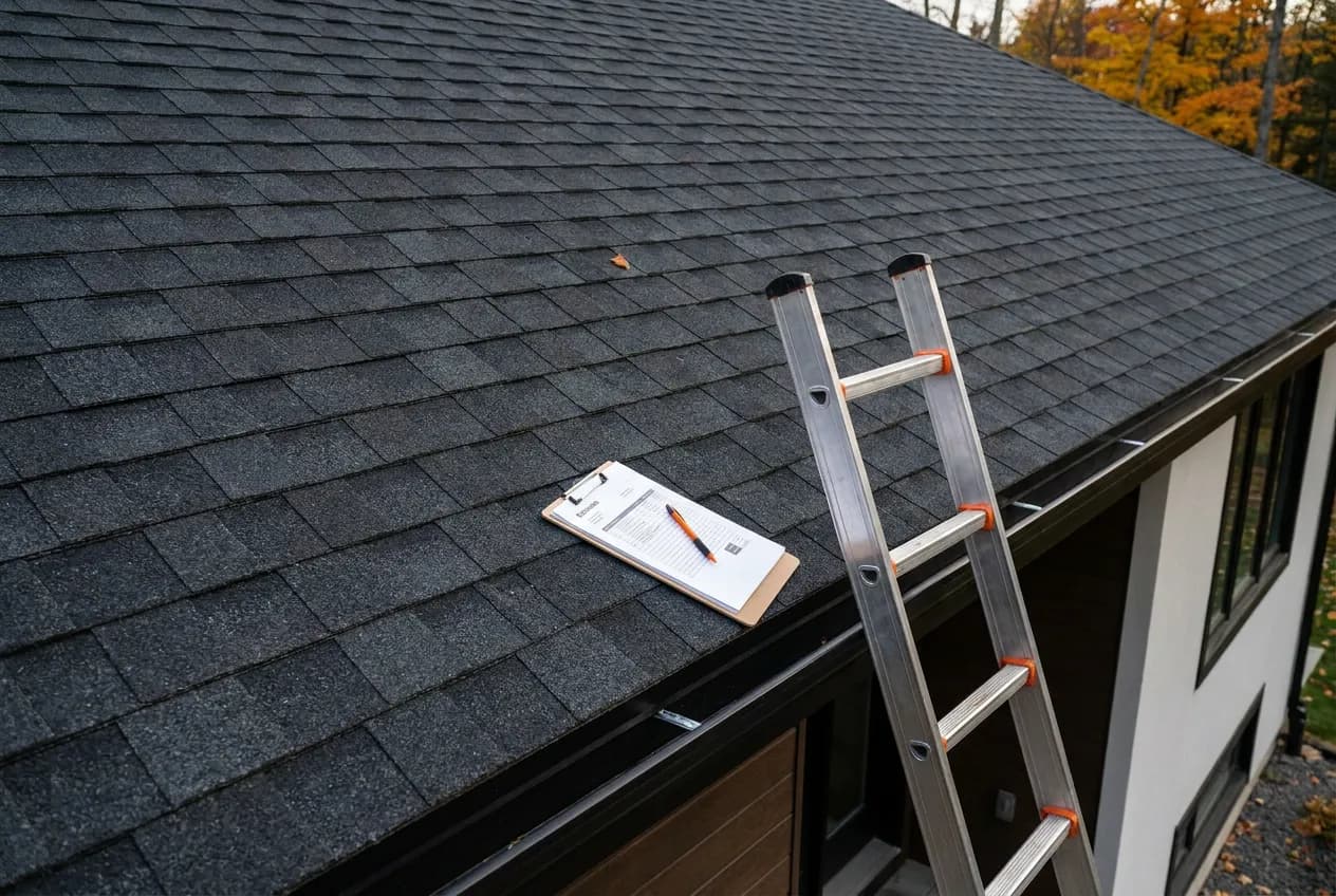 Aerial view of a newly installed shingle roof with a ladder and roofing estimate clipboard, industry data for roofing contractors in Tampa, FL and across the U.S.