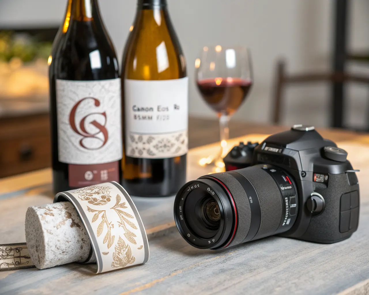 Custom printed bottle labels on wine bottles showing premium label with branded typography wrapping curved glass surface on a rustic wood table