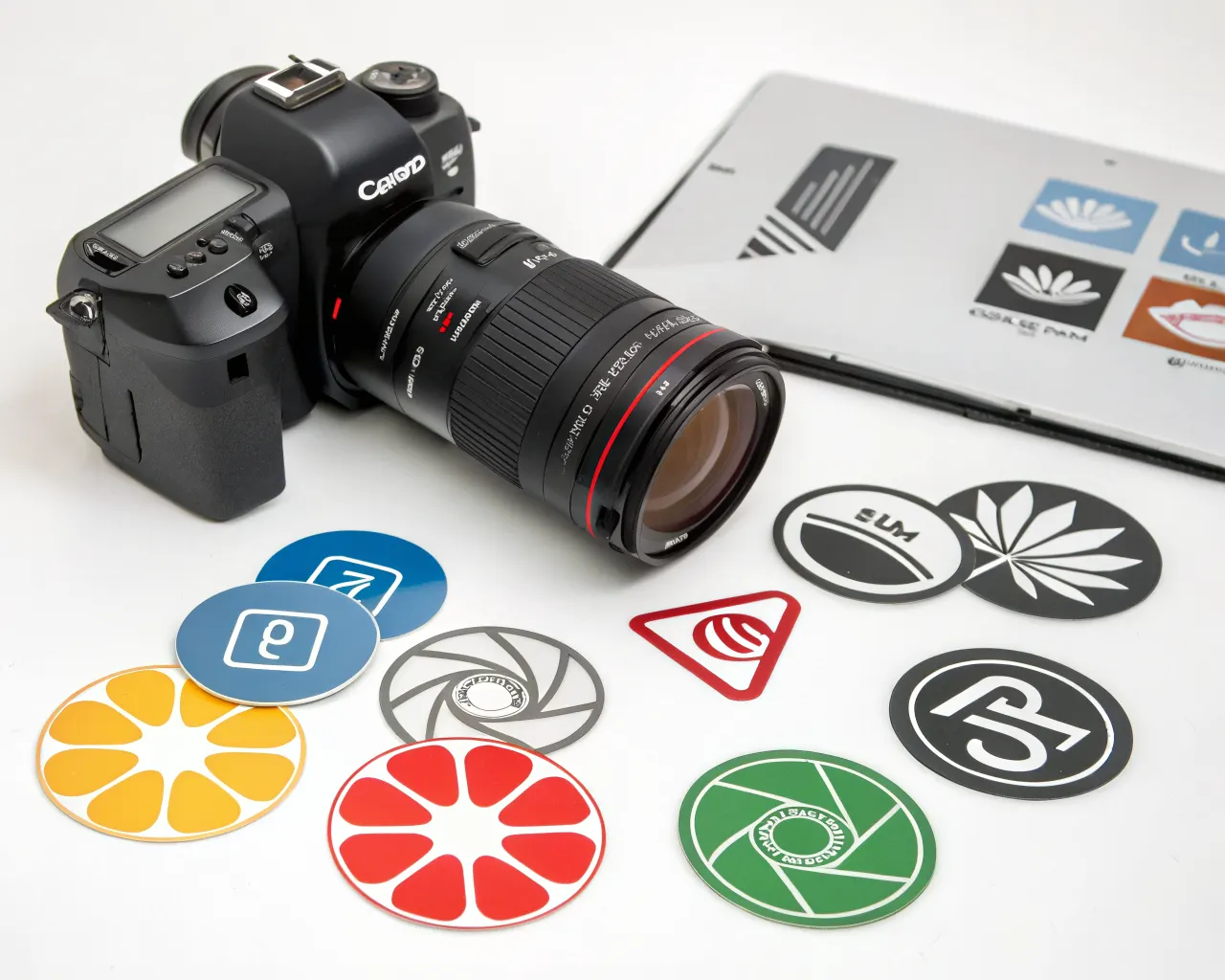 Custom die-cut vinyl stickers in various logo shapes flat-laid on a white surface showing clean contour-cut edges and vibrant color printing