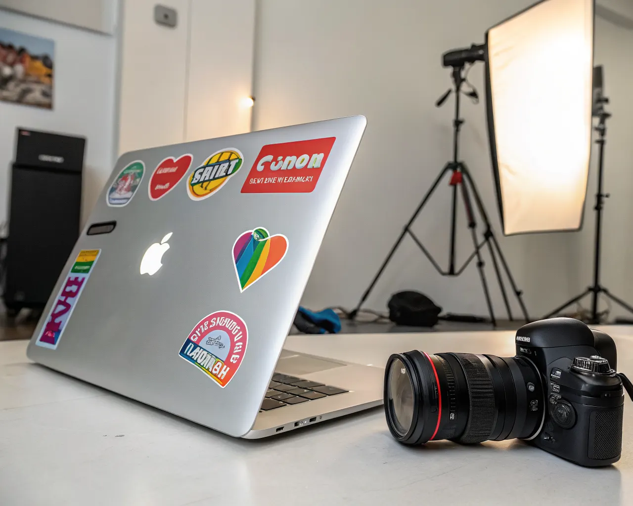 Colorful custom branded stickers applied to the lid of a silver MacBook laptop showing vibrant designs in a professional studio setting