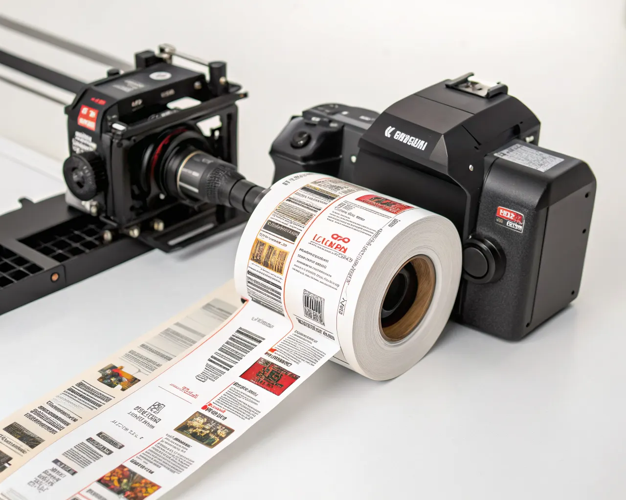Custom product roll labels on a dispenser showing long roll with printed branding and barcode graphics unrolling on a white studio surface
