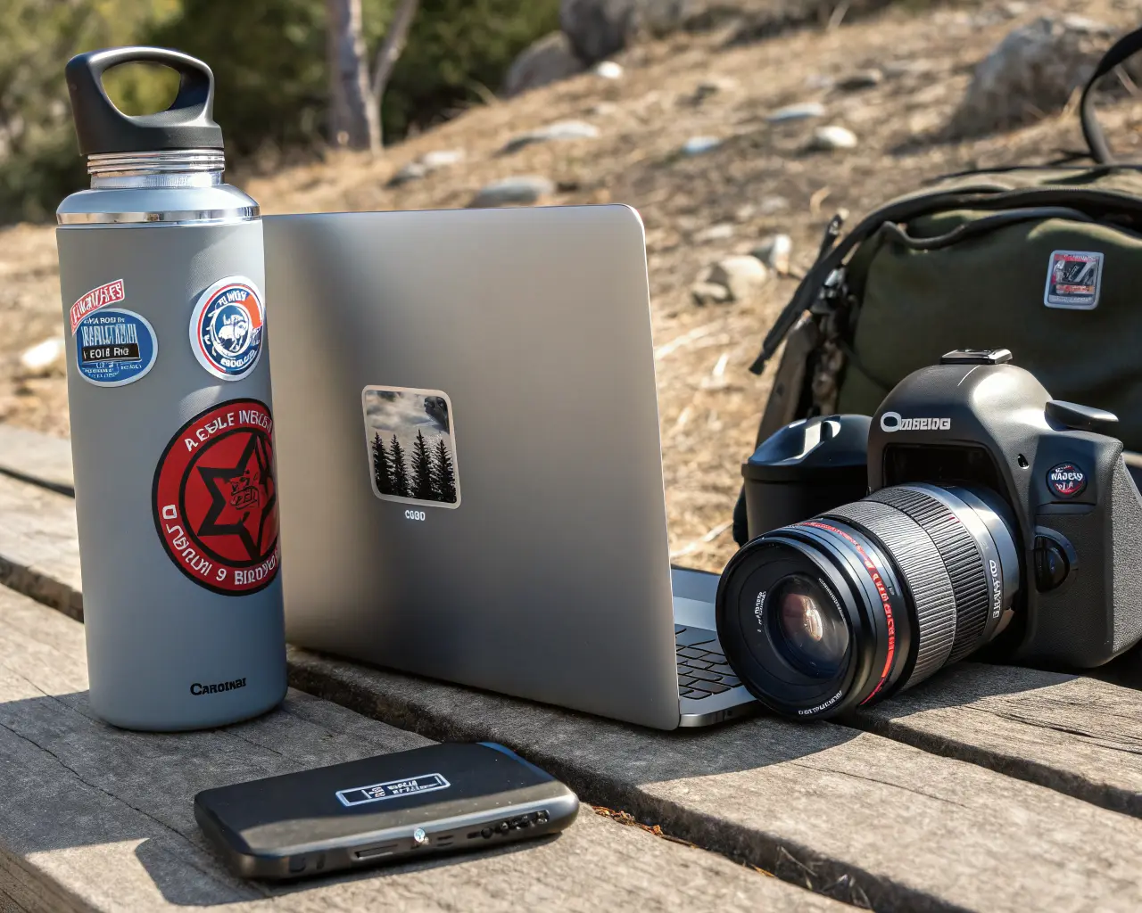 Outdoor-rated vinyl stickers applied to a metal water bottle and laptop lid showing durable matte vinyl with brand graphics in natural light