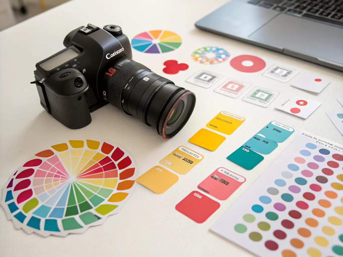 Colorful die-cut vinyl stickers and custom labels flat-laid on a white surface